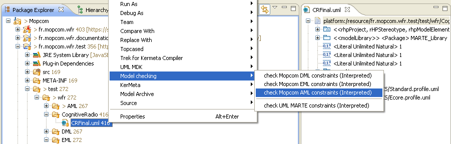Integration example of Mopcom model checkers using popup menu on uml files